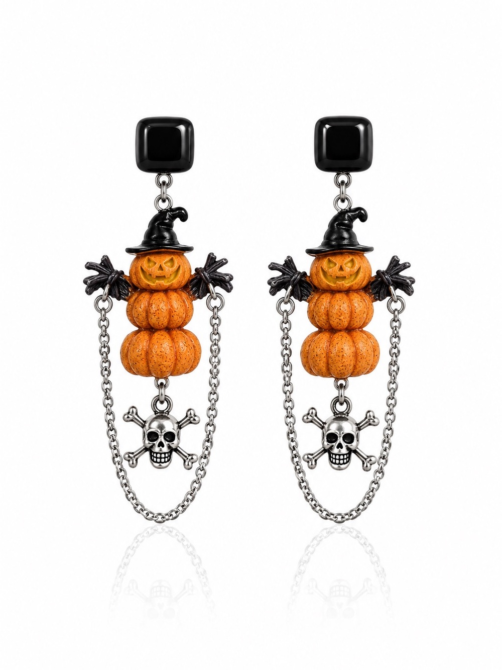 Halloween Pumpkin Stack Dangle Earrings with Skull Charm - Black & Orange